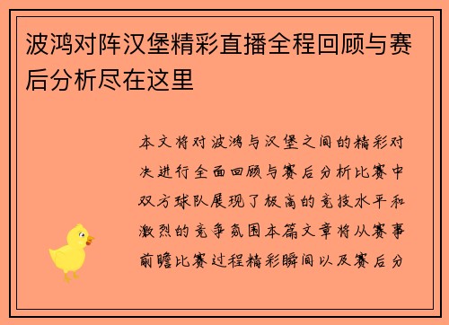 波鸿对阵汉堡精彩直播全程回顾与赛后分析尽在这里